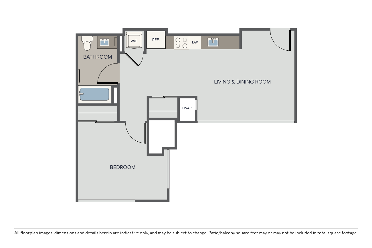 Floor plan for 1 bed, 1 bath, 654 sqft